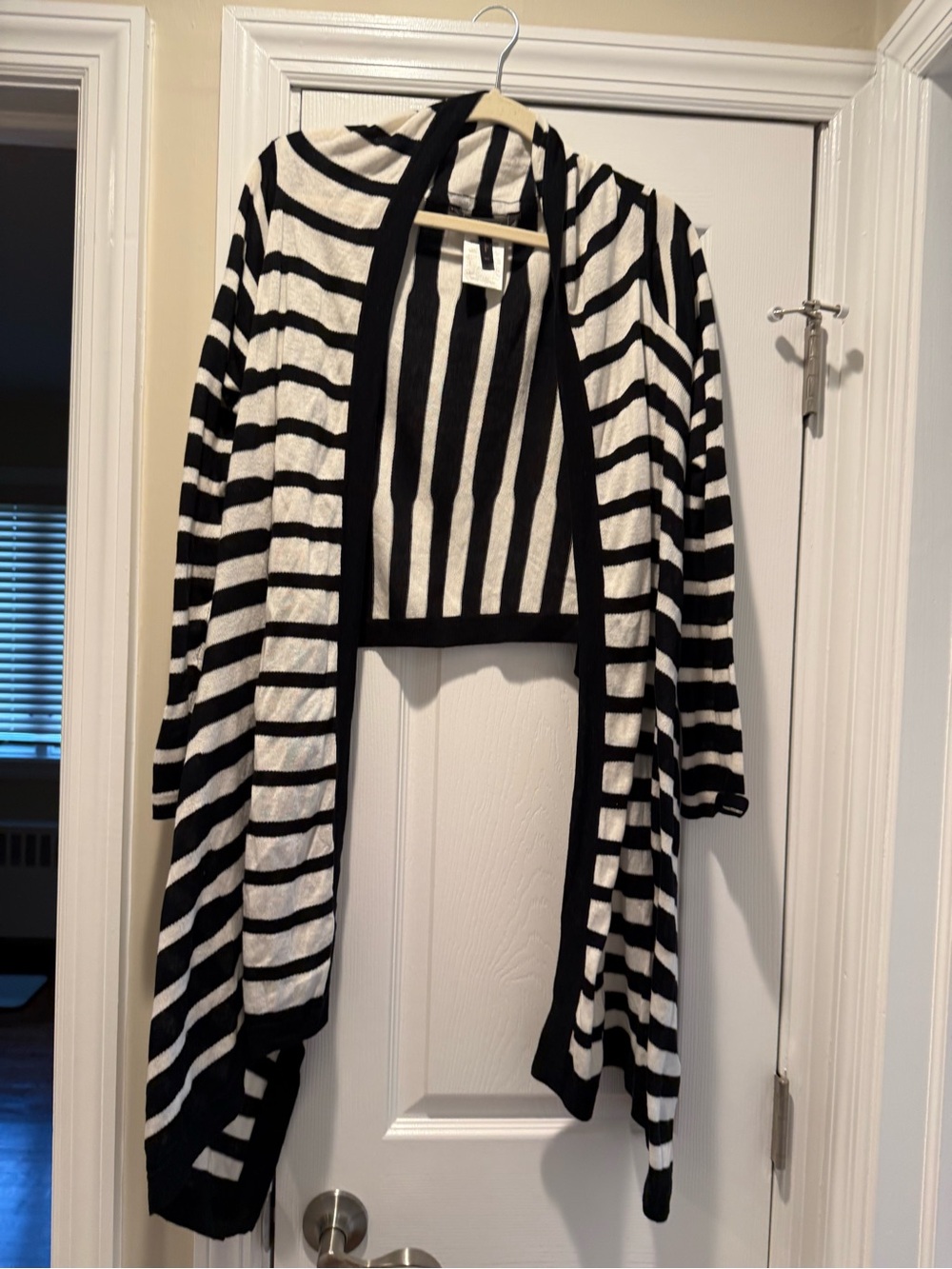 BCBGMaxAzria Black and White Striped Open Cardigan